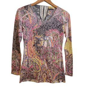 OB Ocean Beach Top Paisley Design Textured Studded Crochet Back Medium EUC‎